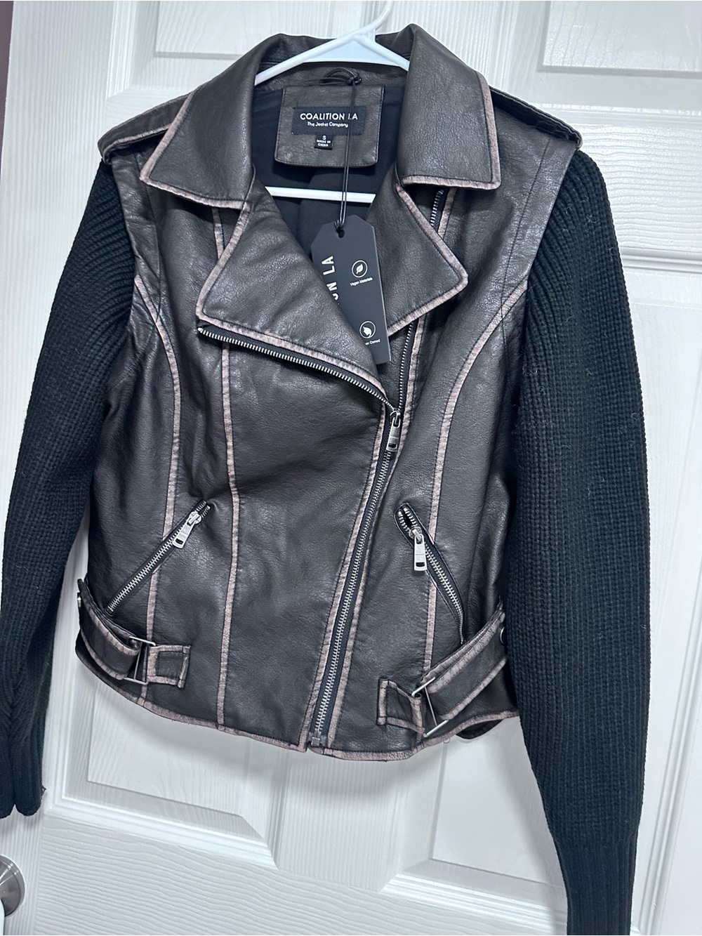 Coalition LA Black Leather Moto Jacket with removable Knit Sleeves